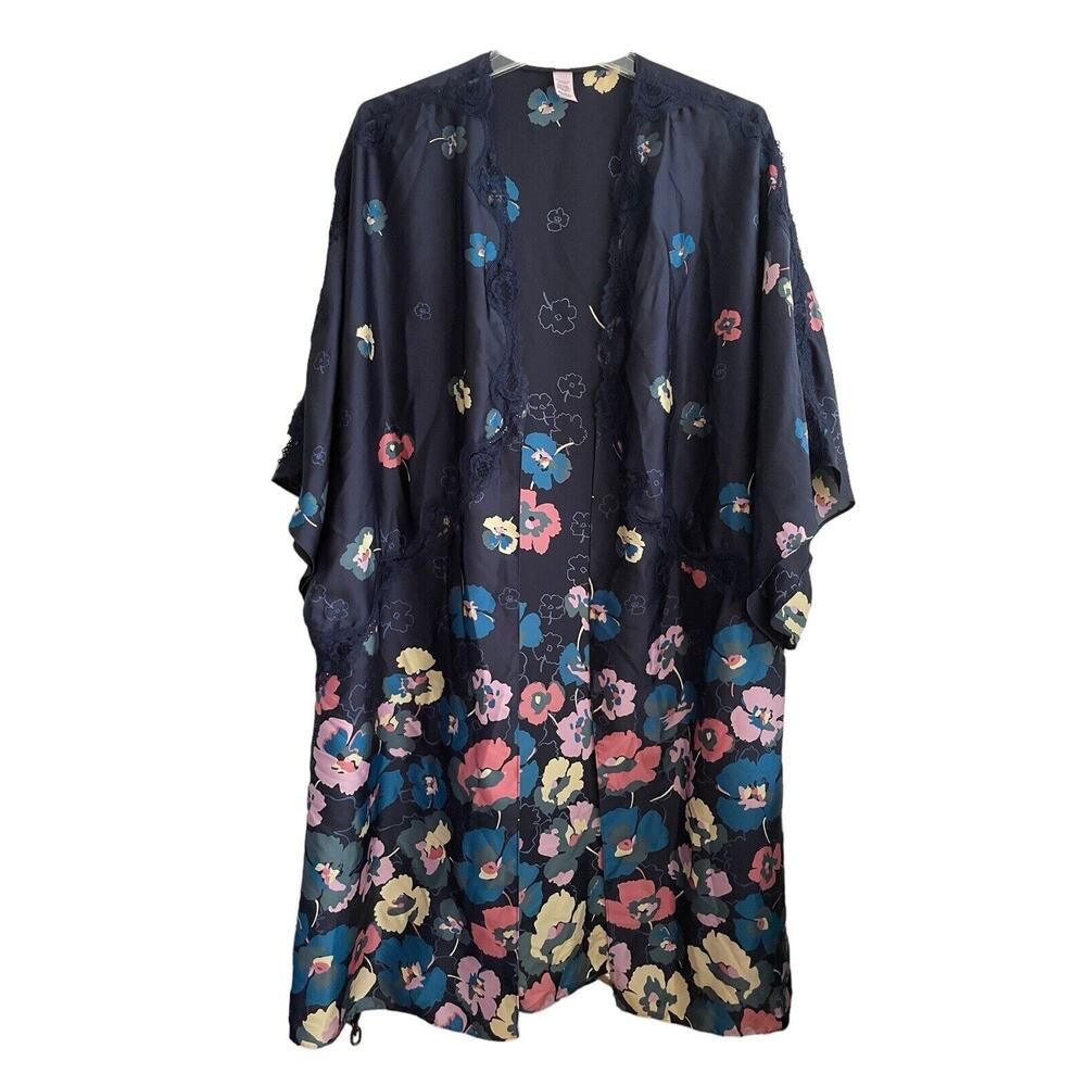 Victoria's Secret‎ Satin Lace Trim Open Robe Women Size Medium/Large Blue Floral